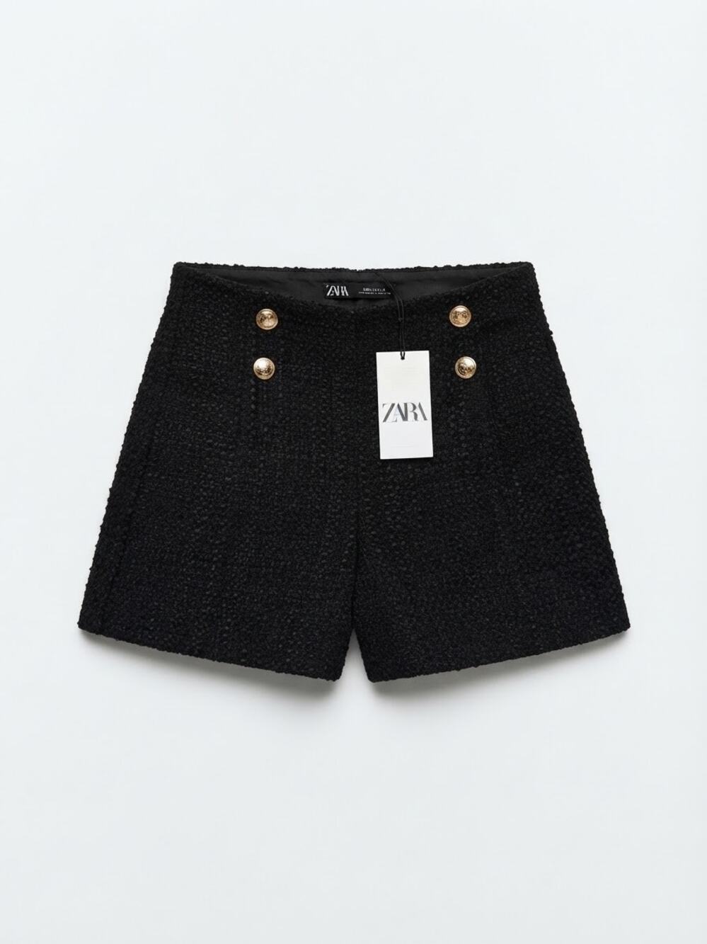 Zara Tweed Shorts Black High Waisted Gold Buttons Textured Mini Size S NWT Chic